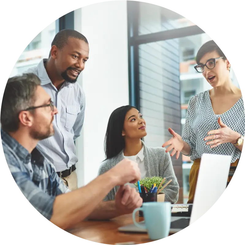 group of employees collaborating and listening