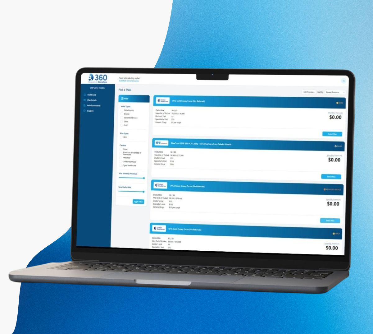 BEN360 ICHRA platform screenshot showing health insurance plans