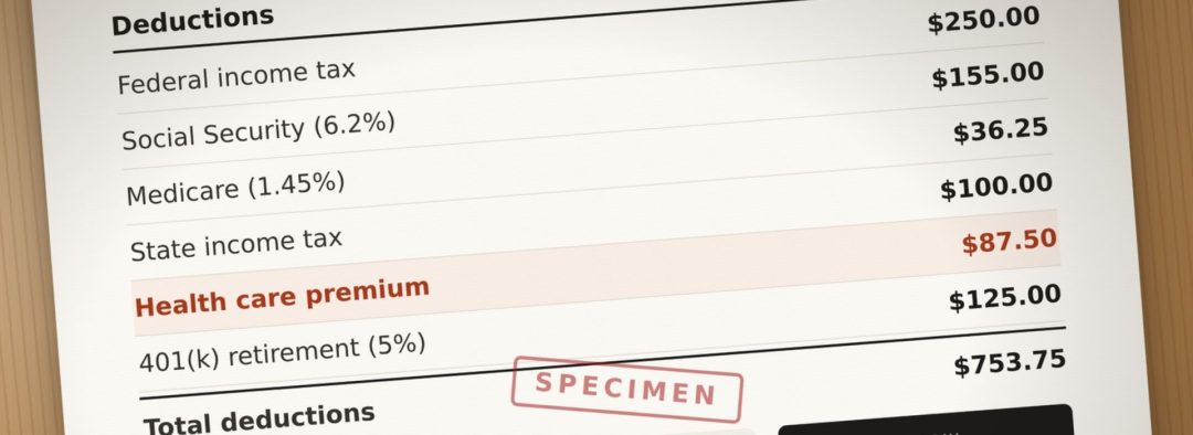 An image of a paycheck showing tax deductions for a payroll cycle highlighting an employees share of a healthcare premium