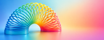 a rainbow slinky against a rainbow gradient background